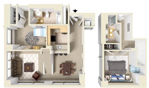 Floor plan for 2 beds, 2 baths, 1043 sqft